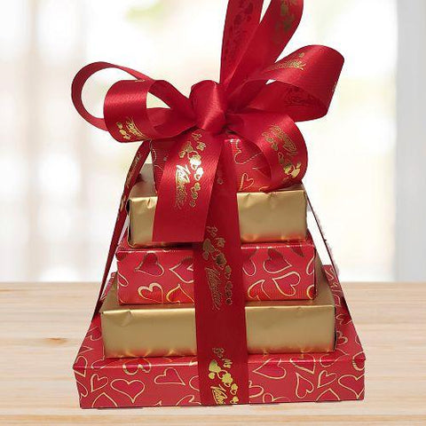Be My Valentine Gift Tower © 2025 by Heartwarming Treasures® Red Hearts Gift Basket Seattle Same Day Delivery