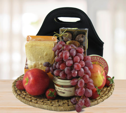 Black Neoprene Tote Gourmet Getaway for Two © 2015 by Heartwarming Treasures® Fruit Gift Basket Seattle Same Day Delivery