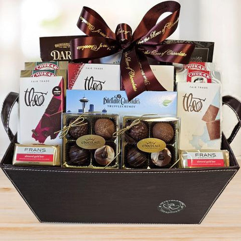 For the Love of Chocolate Gift Basket © 2023 Heartwarming Treasures® Office Gift Basket Seattle Same Day Delivery
