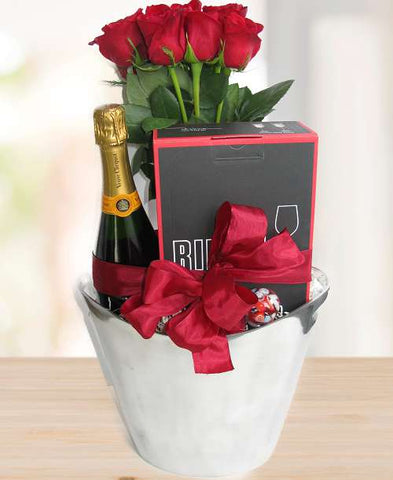 Champagne and Roses Gift Basket © 2021 by Heartwarming Treasures® Flowers Wine Gift Basket Seattle Same Day Delivery