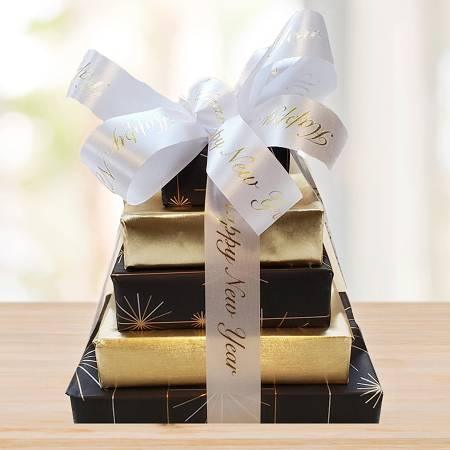 Happy New Year Gift Tower © 2022 by Heartwarming Treasures® New Year Celebration Gift Basket Seattle Same Day Delivery