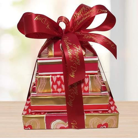 Happy Valentine's Day Gift Tower © 2022 by Heartwarming Treasures® Red Hearts Gift Basket Seattle Same Day Delivery