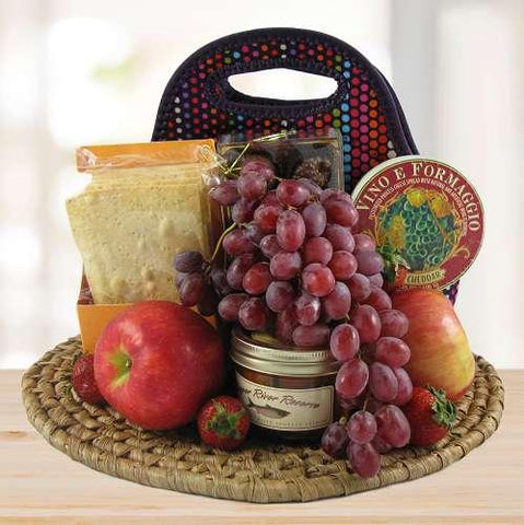 Rainbow Polka Dot Gourmet Getaway for Two © 2015 by Heartwarming Treasures® Fruit Gift Basket Seattle Same Day Delivery