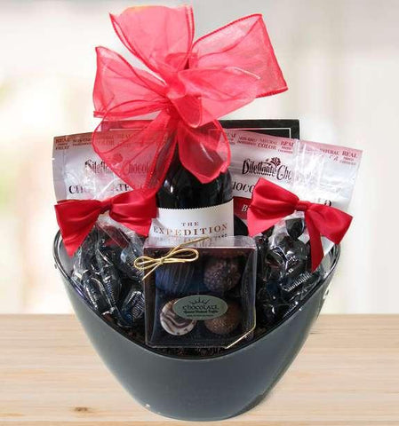 Red Wine and Chocolates Deluxe Gift Basket © 2021 Heartwarming Treasures® Wine Gift Basket Seattle Same Day Delivery