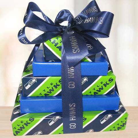 Go Hawks Gift Tower © 2021 by Heartwarming Treasures® Seahawks Seattle Gift Basket Same Day Delivery