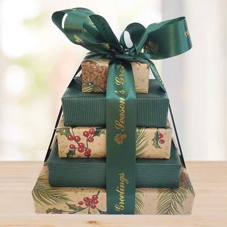 Seasons Greetings Gift Tower © 2021 by Heartwarming Treasures® Business Client Holiday Gift Basket Seattle Same Day Delivery
