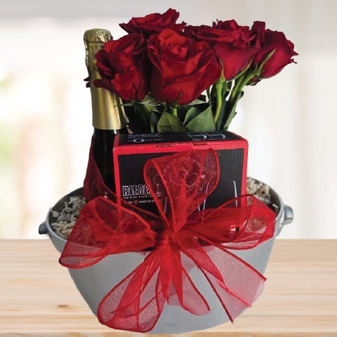 Champagne and Roses Gift Basket © 2026 by Heartwarming Treasures® Flowers Wine Gift Basket Seattle Same Day Delivery 