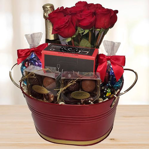 Champagne and Roses Gift Basket © 2026 by Heartwarming Treasures® Flowers Wine Gift Basket Seattle Same Day Delivery 
