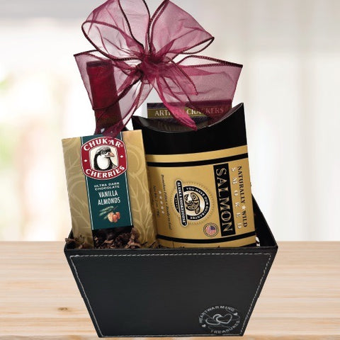 Salmon Wine Gift Basket © 2025 by Heartwarming Treasures® Wine Gift Basket Seattle Same Day Delivery