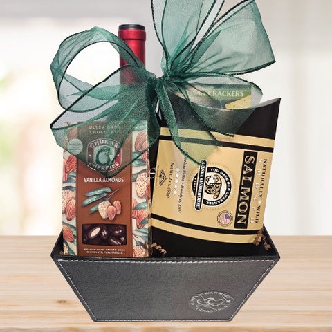 Salmon Wine Gift Basket © 2025 by Heartwarming Treasures® Wine Gift Basket Seattle Same Day Delivery